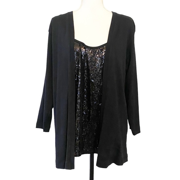 Rafaella Sequins One Piece Long Sleeve Cardigan Top Holiday Party SZ 1X Black - Picture 1 of 8